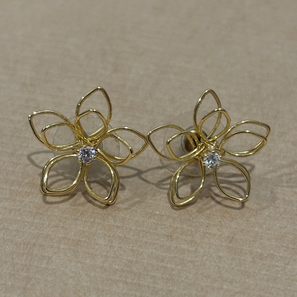 Gold Floral Stud Earrings with Clear Center Stones